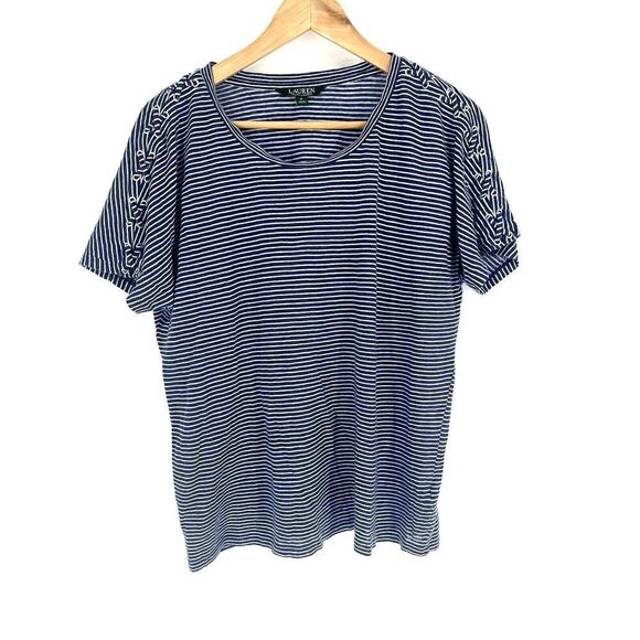Lauren Ralph Lauren Shirt Size Medium Womens Navy White Striped Linen Nautical - Picture 1 of 7